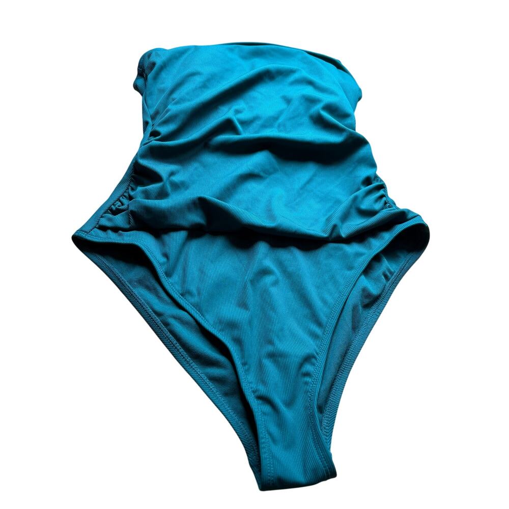 Shade & Shore High Leg Cheeky One Piece Swimsuit Medium Teal Ribbed Fabric